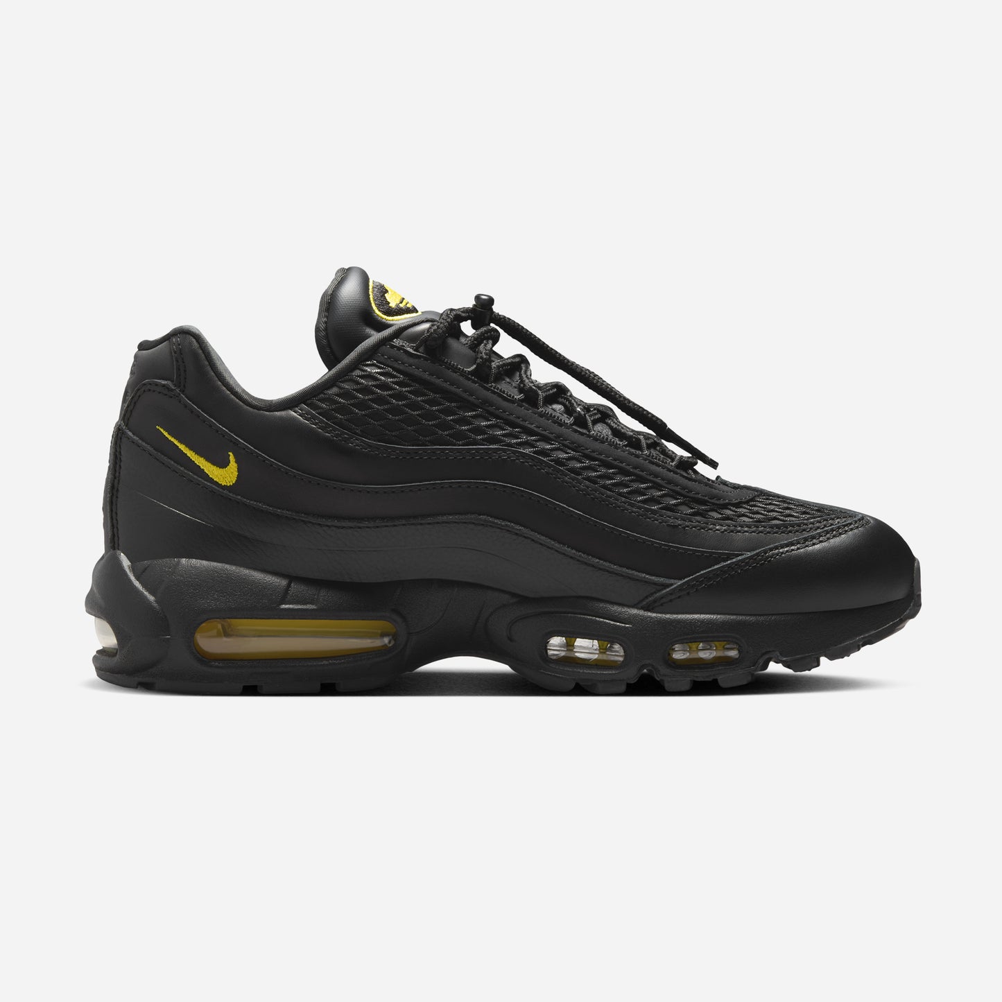 Pantof sport Nike Air Max 95 x Corteiz Honey Black negru cu detalii galbene și pernă de aer vizibilă