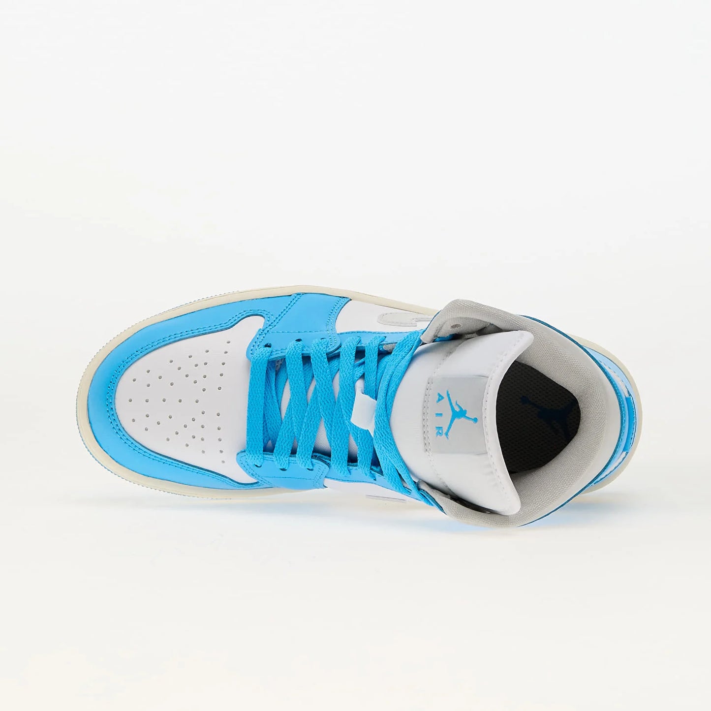 Pantofi sport Air Jordan 1 Mid Dk Powder Blue Neutral Grey White văzuți de sus cu detalii albastre și gri