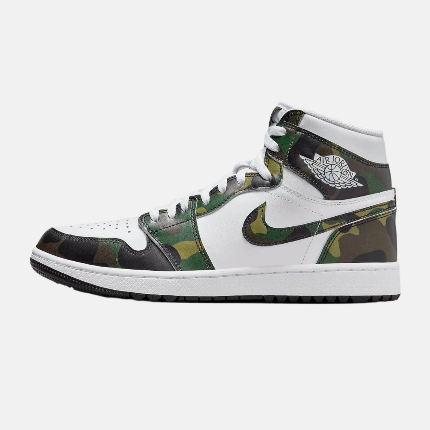 Pantof sport Air Jordan 1 High Golf Camo cu design camuflaj verde și alb la Dod Resell