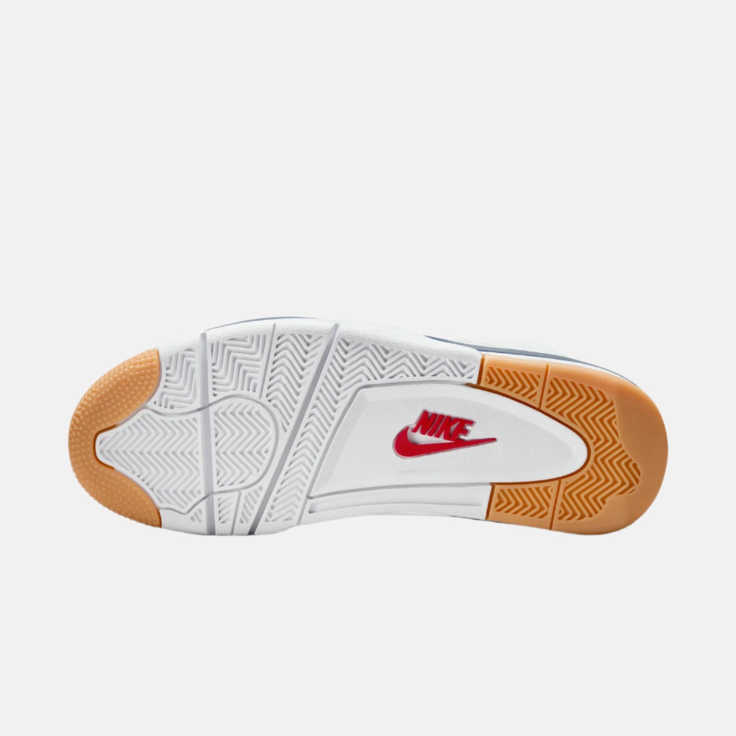 Talpa pantofilor Nike SB x Air Jordan 4 Retro White Navy cu logo roșu Nike și design antiderapant
