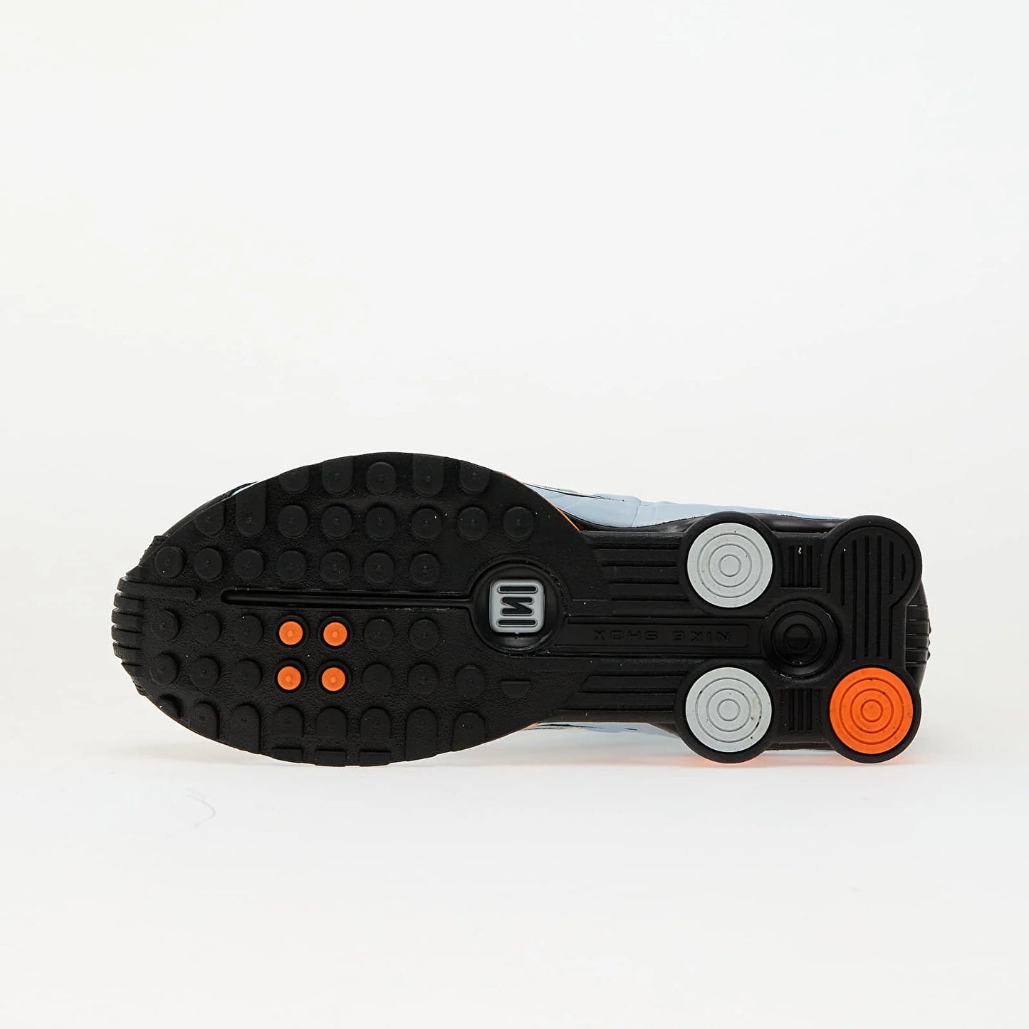 Talpa pantofilor Nike W Shox R4 Blue Tint Metallic Silver-Total Orange cu detalii portocalii si gri
