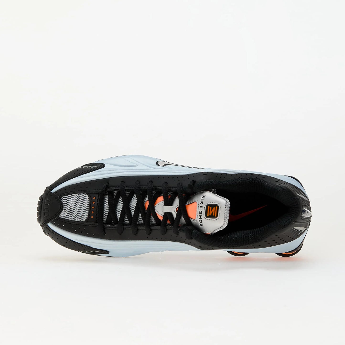 Pantof sport Nike W Shox R4 Blue Tint Metallic Silver-Total Orange vedere de sus cu design aerisit si culori elegante