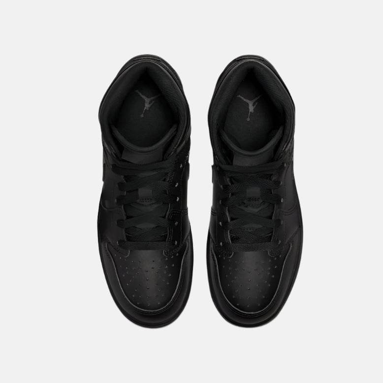 Pantofi sport Air Jordan 1 Mid “Triple Black” de la Dod Resell, vedere de sus a perechii negre