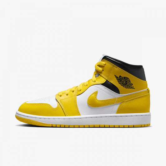 Pantofi Air Jordan 1 Mid Vivid Sulfur galbeni și albi cu accente negre, design clasic de la Dod Resell