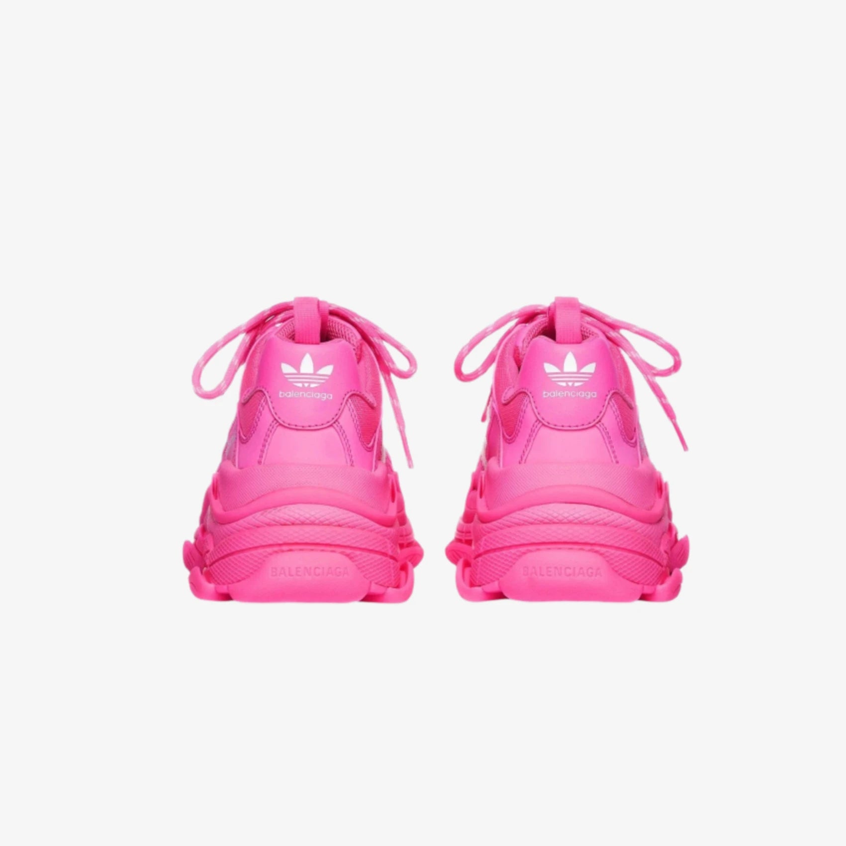 Pantofi sport Balenciaga x Adidas Triple S Neon Pink văzuți din spate cu design vibrant neon