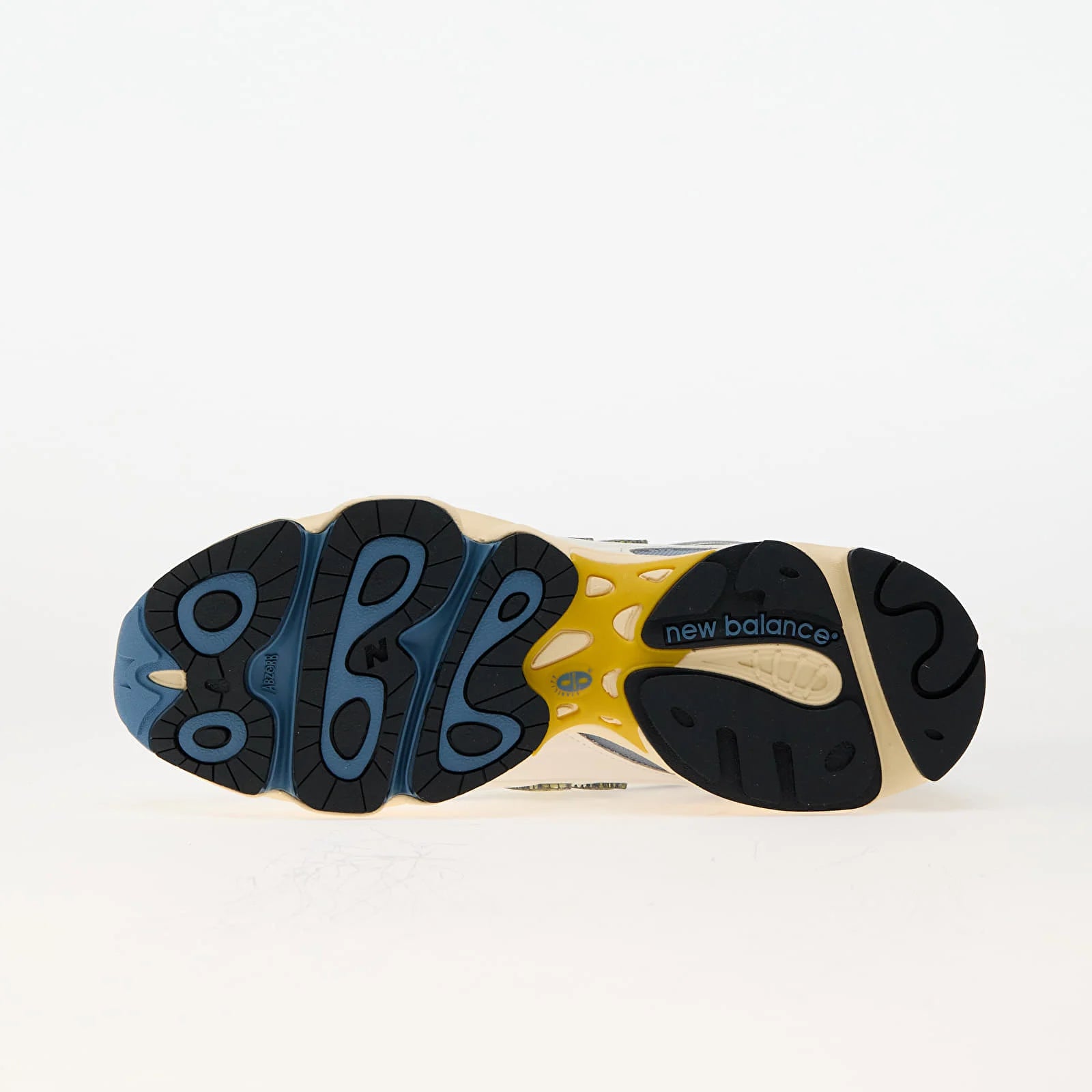 Talpa pantofilor New Balance 1000 Sea Salt cu modele albastre, negre și galbene, design de aderență DodResell