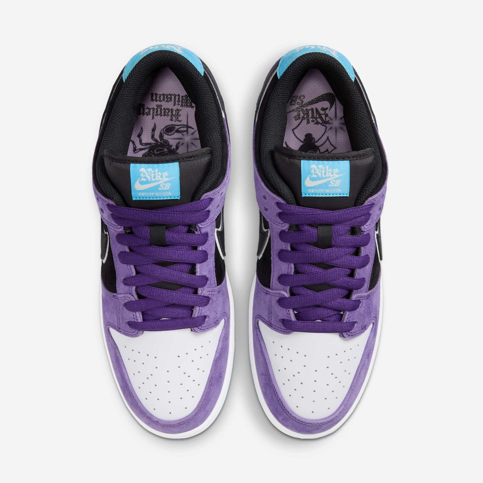 Pantofi Nike Dunk SB x Hayley Wilson Black and Court Purple din piele si piele intoarsa cu detalii albastre