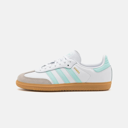 Adidas Samba OG White Aqua pantofi sport albi cu dungi aqua si talpa maro deschis