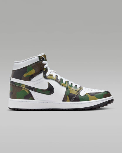 Pantofi sport Air Jordan 1 High Golf Camo cu design camuflaj și talpă albă pentru golf