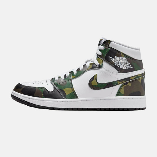 Pantof sport Air Jordan 1 High Golf Camo cu design camuflaj verde și alb la Dod Resell