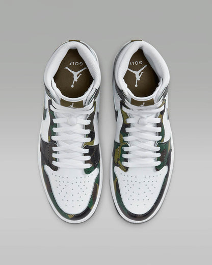 Pantofi sport Air Jordan 1 High Golf Camo cu design camuflaj și accente albe pentru golf