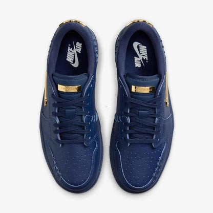 Pantofi Air Jordan 1 Low “Method Of Make” în albastru închis cu detalii aurii și logo Nike Air pe talpă
