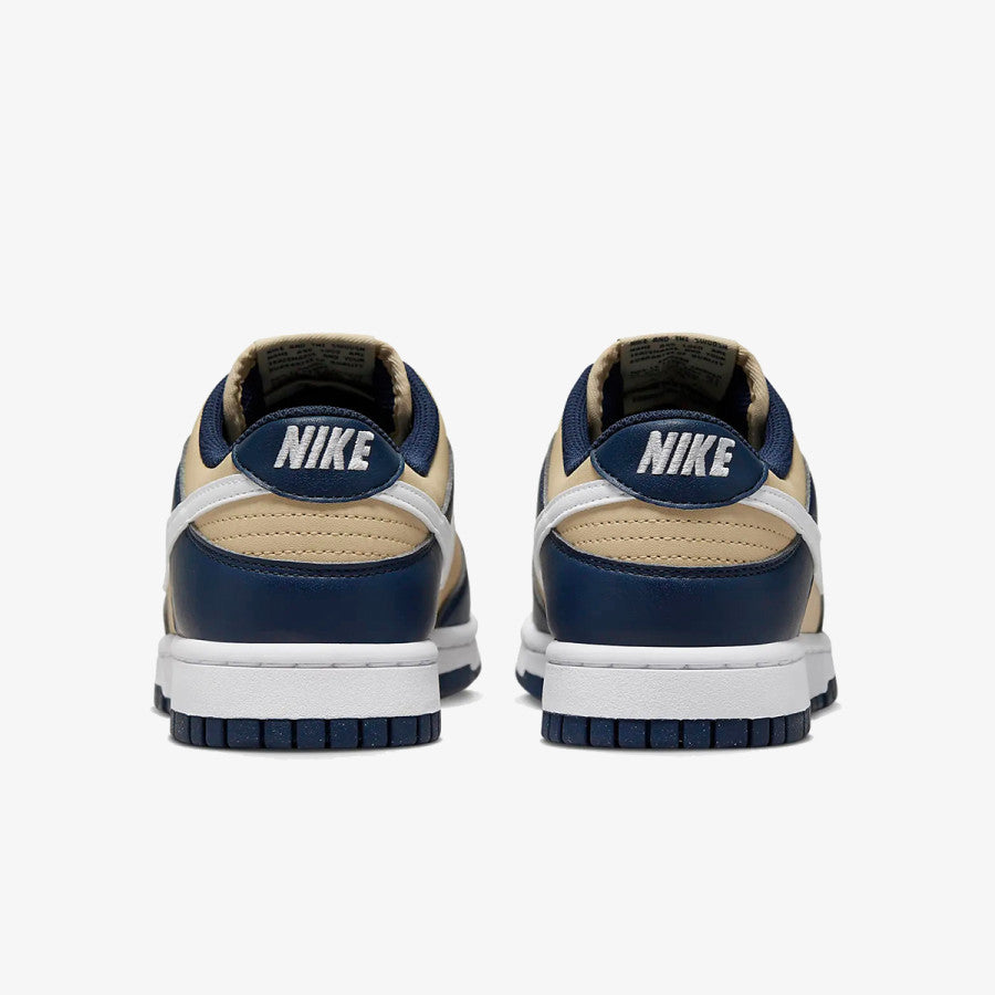 Nike Dunk Low Next Nature Midnight Navy Gold pantofi sport văzuți din spate cu design albastru și auriu