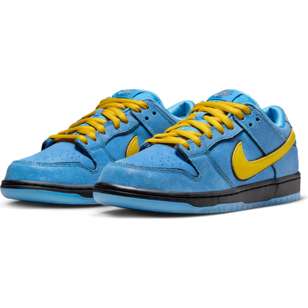Pantofi sport Nike SB Dunk Low The Powerpuff Girls Bubbles albastru și galben cu talpă neagră și albastră