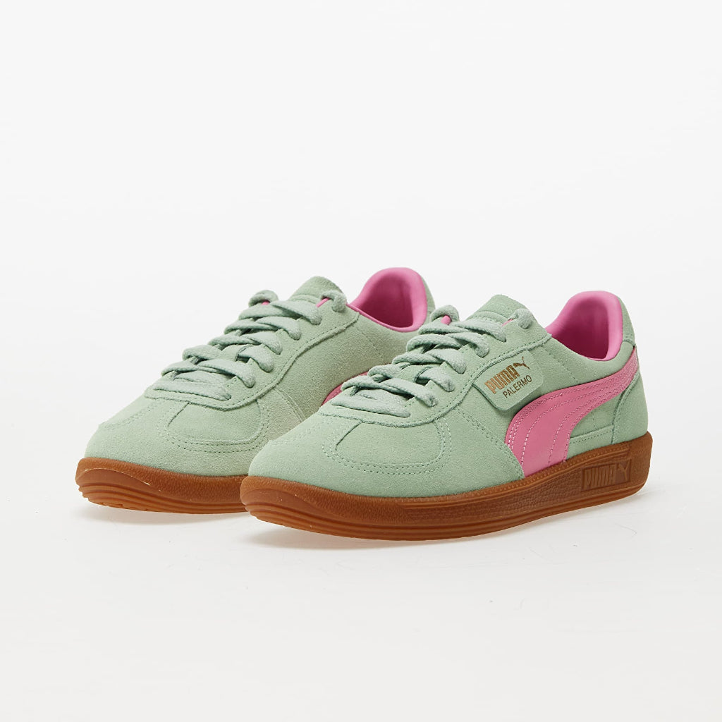 Pantofi sport Puma Palermo Fresh Mint Fast Pink cu talpă maro și design verde și roz