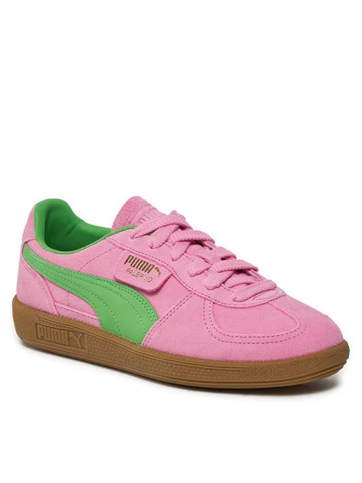 Pantofi sport Puma Palermo Pink Delight Green Gum cu design roz si verde si talpa maro 