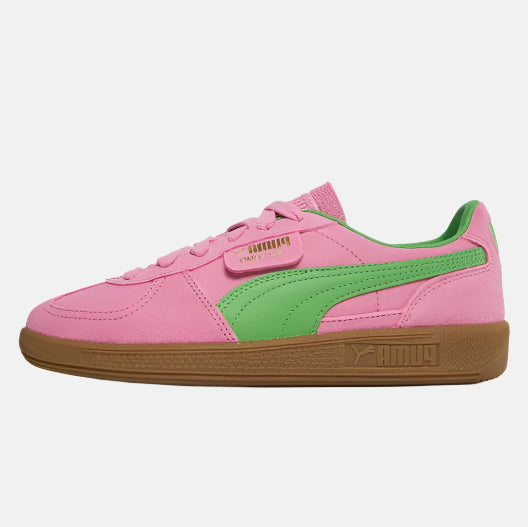 Pantofi sport Puma Palermo Pink Delight Green Gum cu design roz si verde si talpa maro